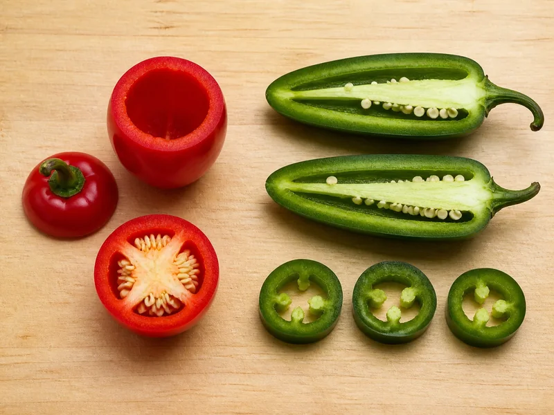 Cherry Bomb pepper cups and cross-section beside jalapeño boats and rings