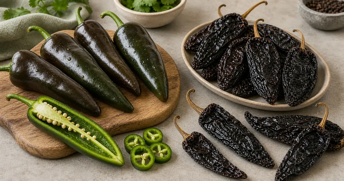 Chilaca Pepper and Pasilla Pepper shown side by side for comparison