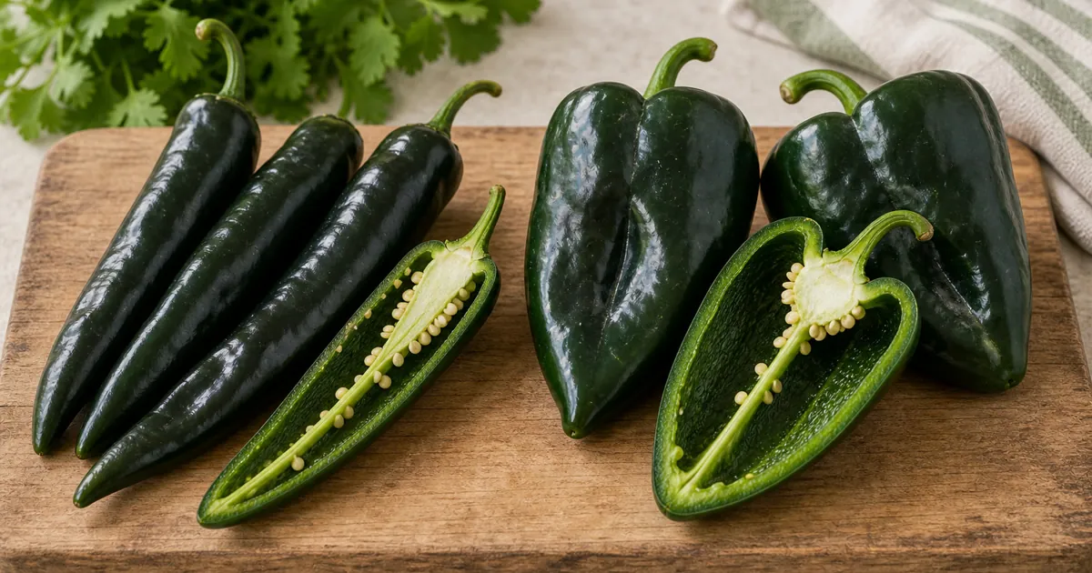 Chilaca Pepper and Poblano Pepper shown side by side for comparison