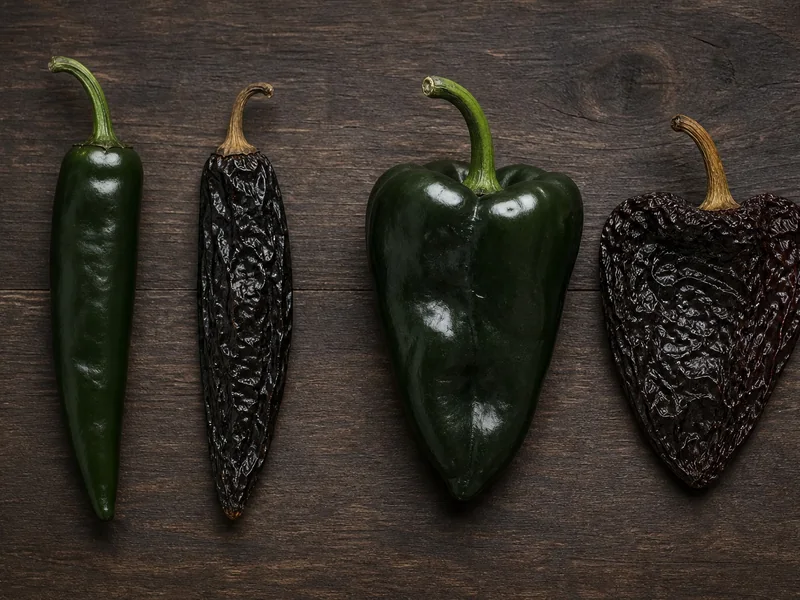 Fresh chilaca with dried pasilla beside fresh poblano with dried ancho
