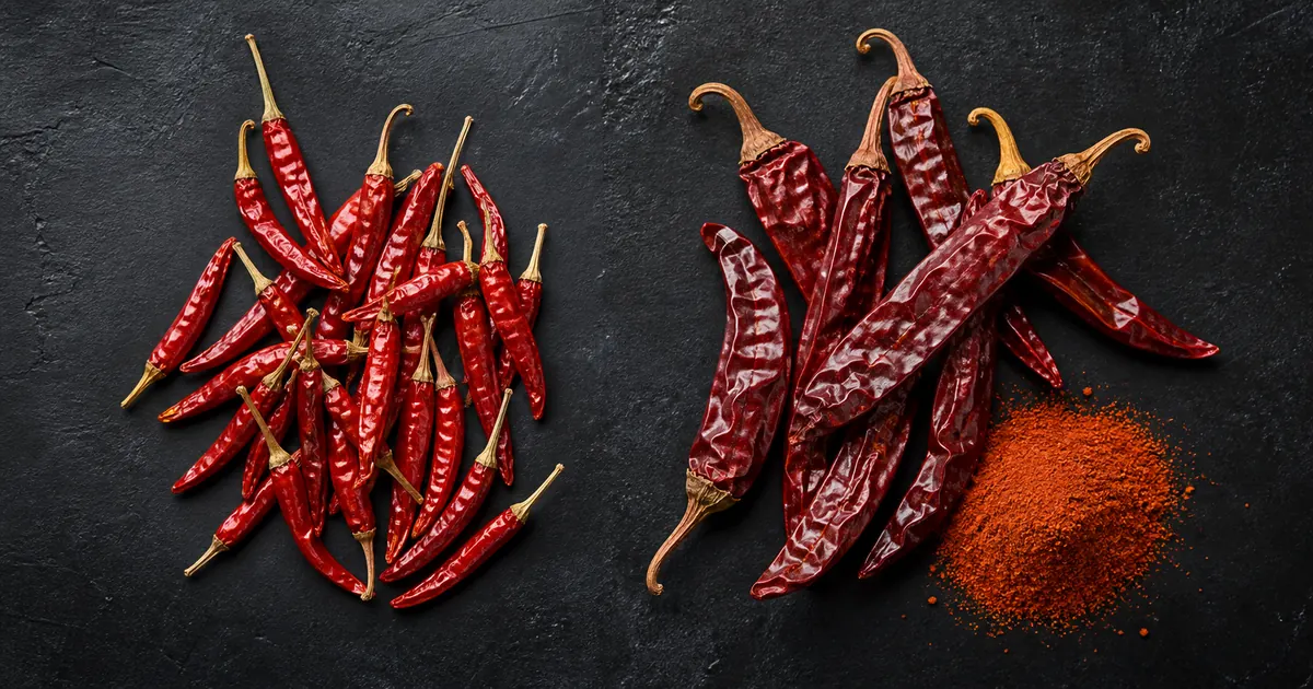 Dried chile de arbol pods beside dried cayenne and cayenne powder