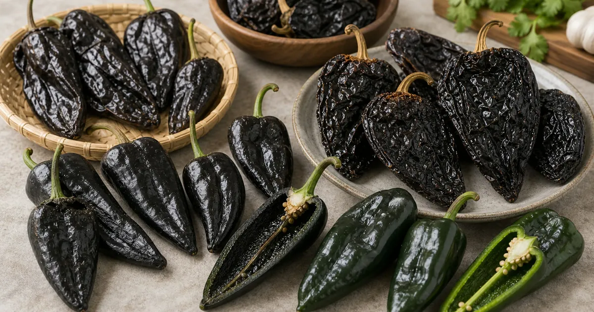 Chilhuacle Pepper and Ancho Pepper shown side by side for comparison