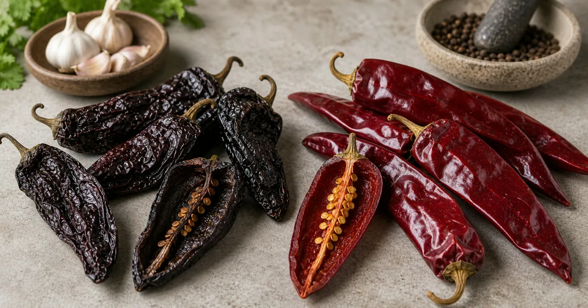 Chilhuacle Pepper and Guajillo Pepper shown side by side for comparison