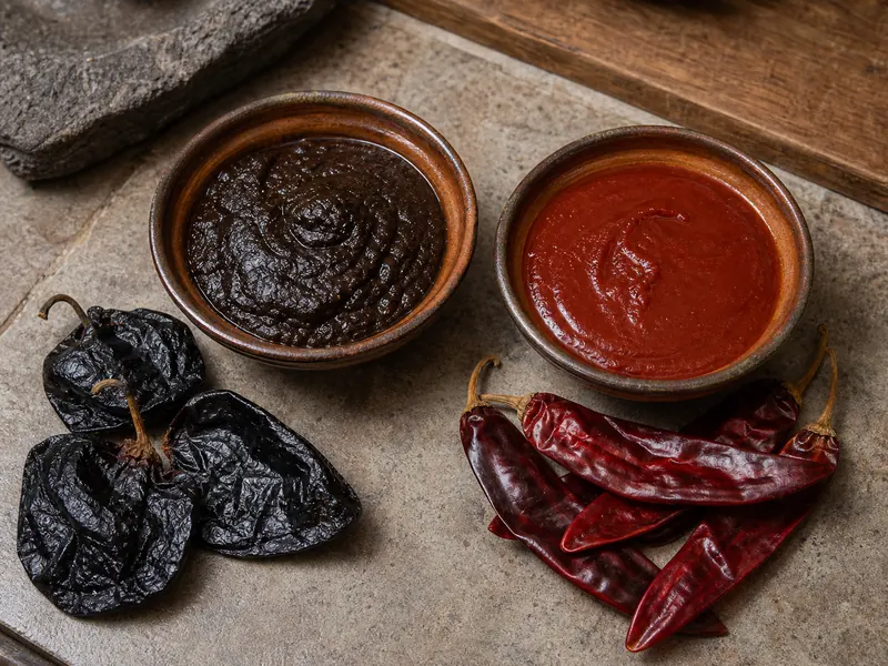 Dark chilhuacle mole base beside bright red guajillo adobo puree