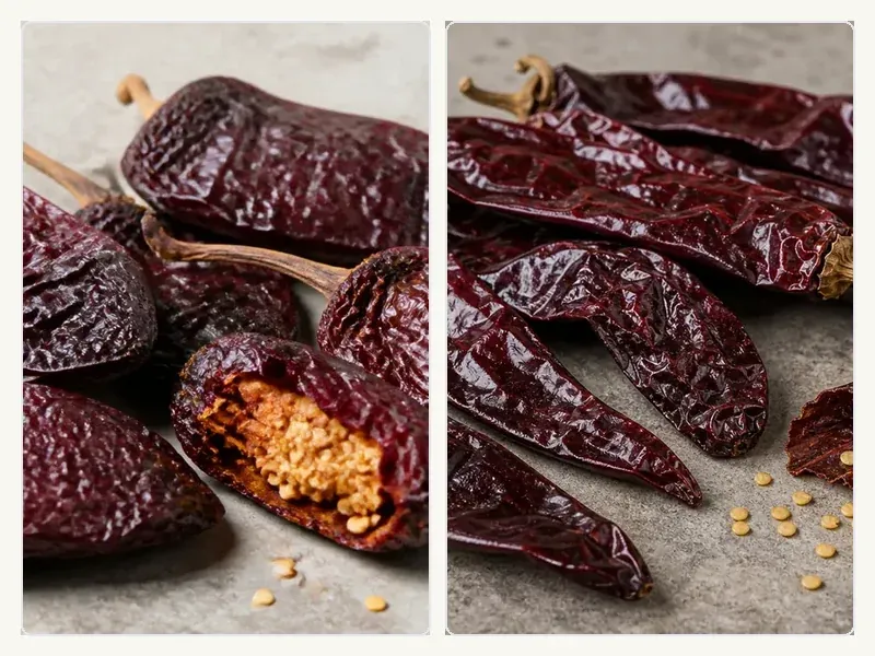 Broad black chilhuacle pods beside long red guajillo pods