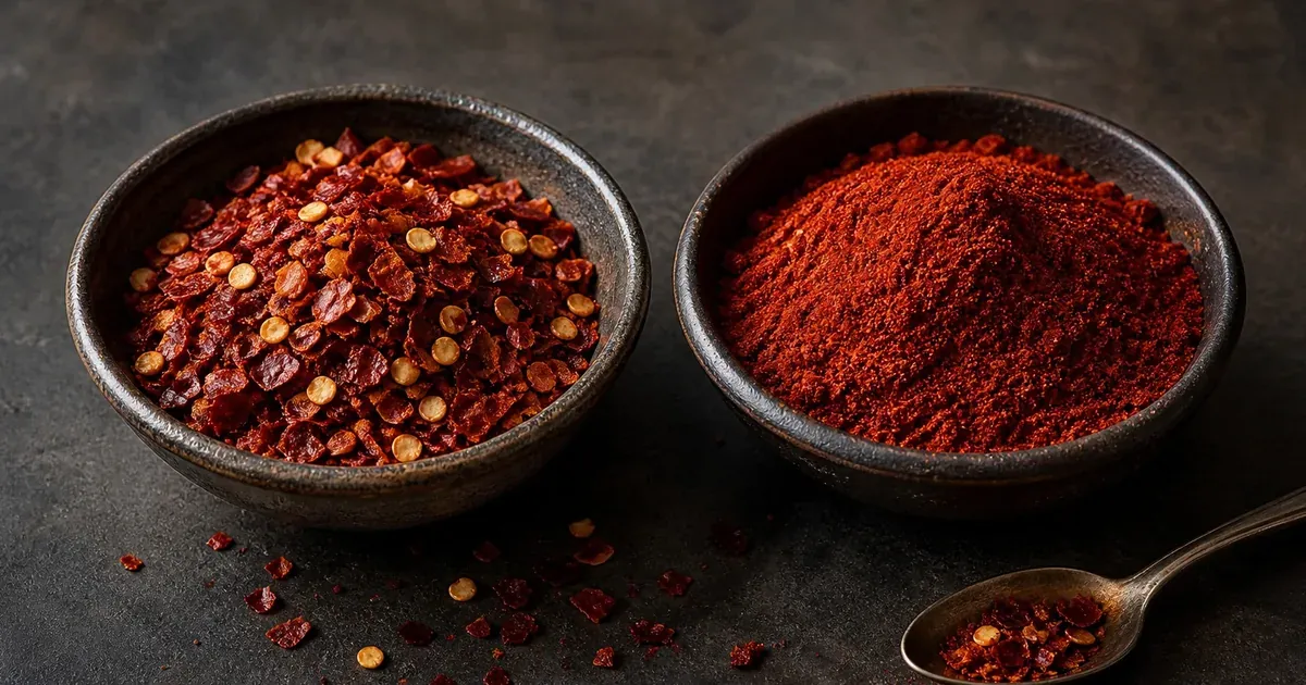 Bowls of chili flakes and chili powder on a dark kitchen surface with loose flakes nearby