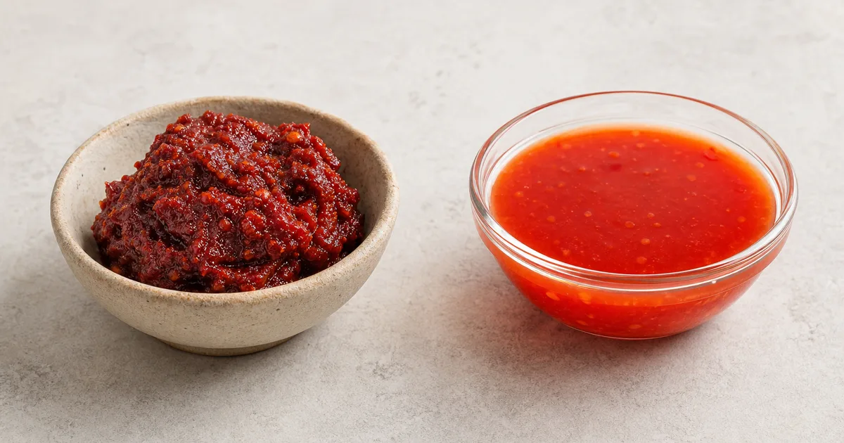 Dense chili paste in a ceramic bowl beside pourable red chili sauce