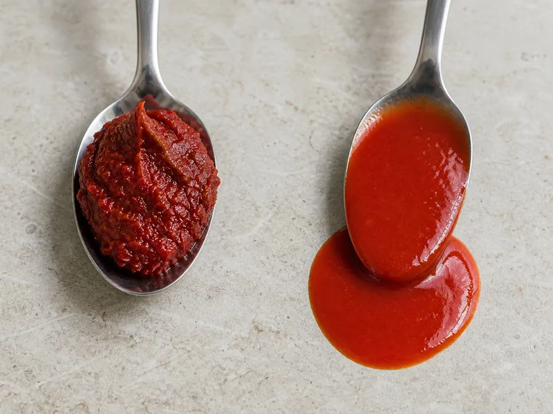 Dense chili paste holds a ridge while chili sauce flows from a spoon