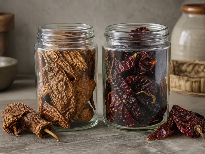 Tan chipotle meco and dark morita pods stored in separate glass jars