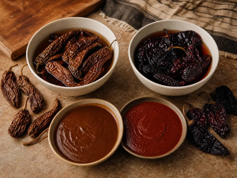 Rehydrated chipotle meco and morita peppers beside brown and red blended sauces