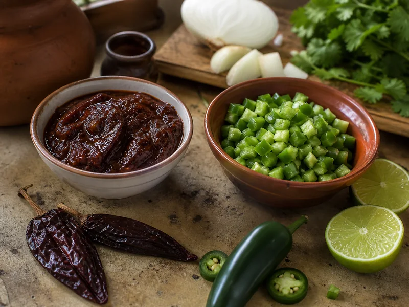Chipotle in adobo beside freshly diced jalapeno with lime and onion