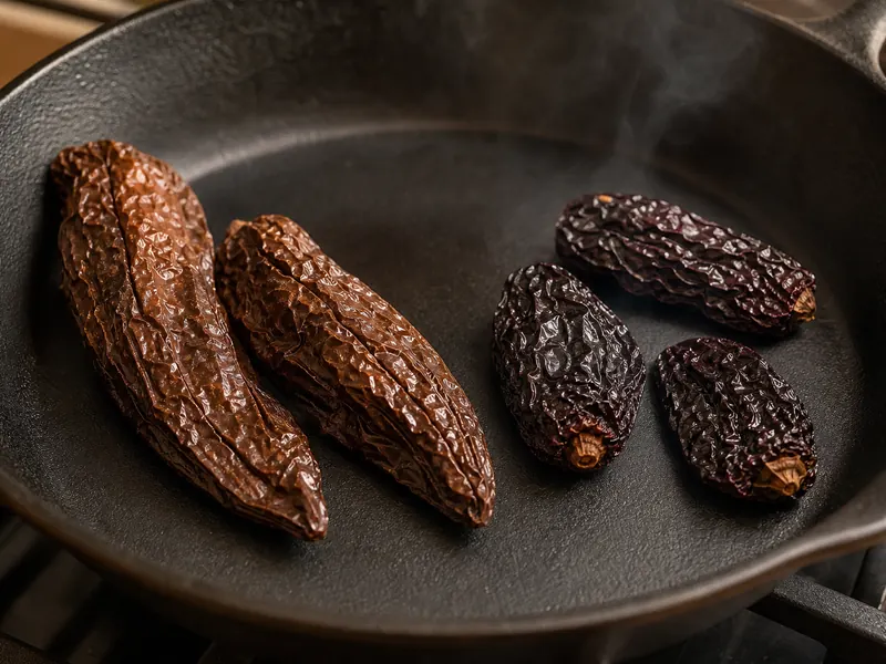 Tan chipotle meco and dark red morita chiles toasting in a cast-iron skillet