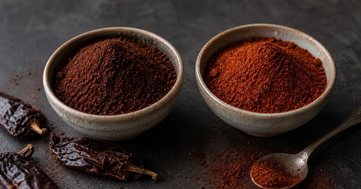 Bowls of chipotle powder and chili powder with dried chipotles nearby