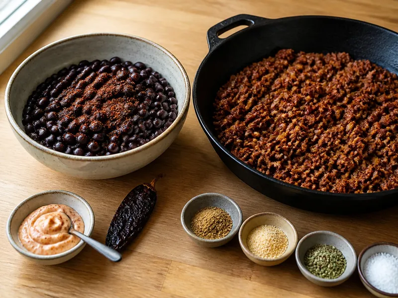 Chipotle-seasoned black beans beside chili-powder-seasoned taco filling
