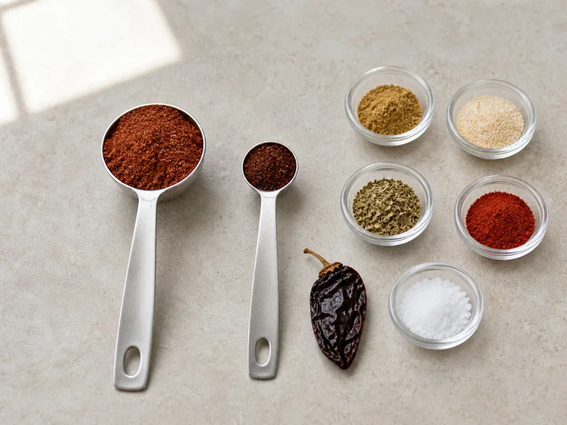 Quarter-teaspoon chipotle powder beside one teaspoon chili powder and separate blend spices