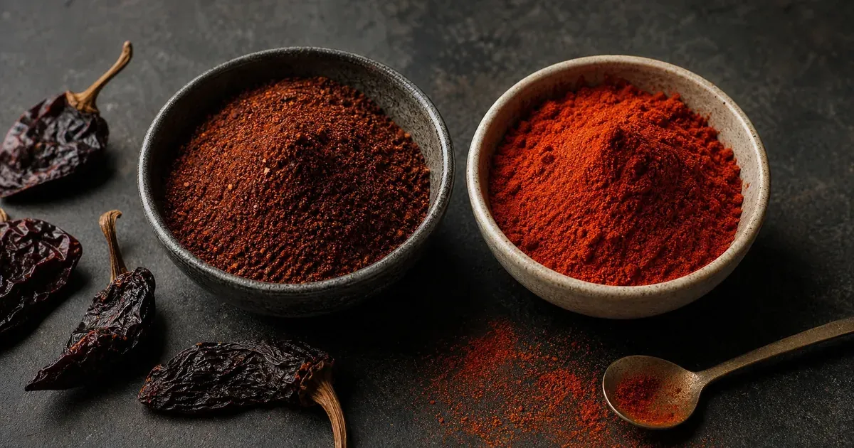 Bowls of chipotle powder and smoked paprika with dried chipotles nearby