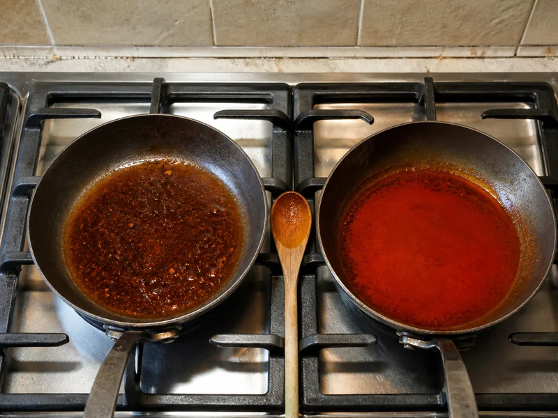 Brown-red chipotle oil and bright red smoked paprika oil in separate pans