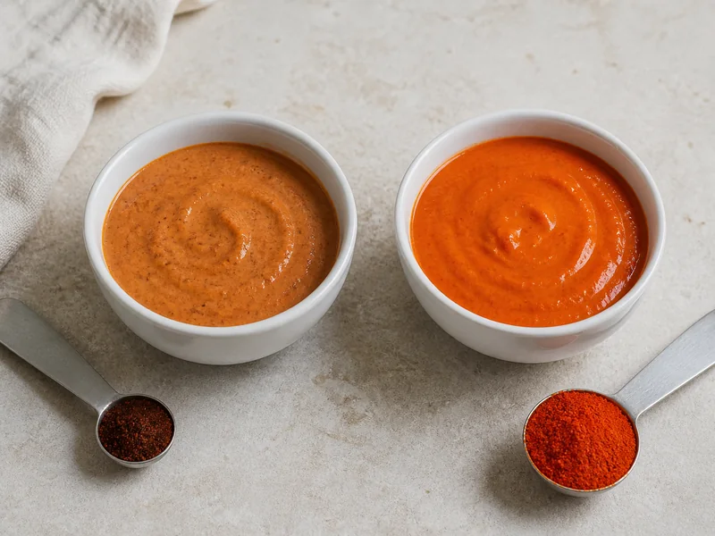 Chipotle-seasoned cream sauce beside a brighter smoked paprika sauce