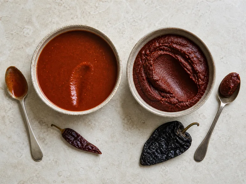 Fluid chipotle sauce beside a thicker ancho puree in ceramic bowls