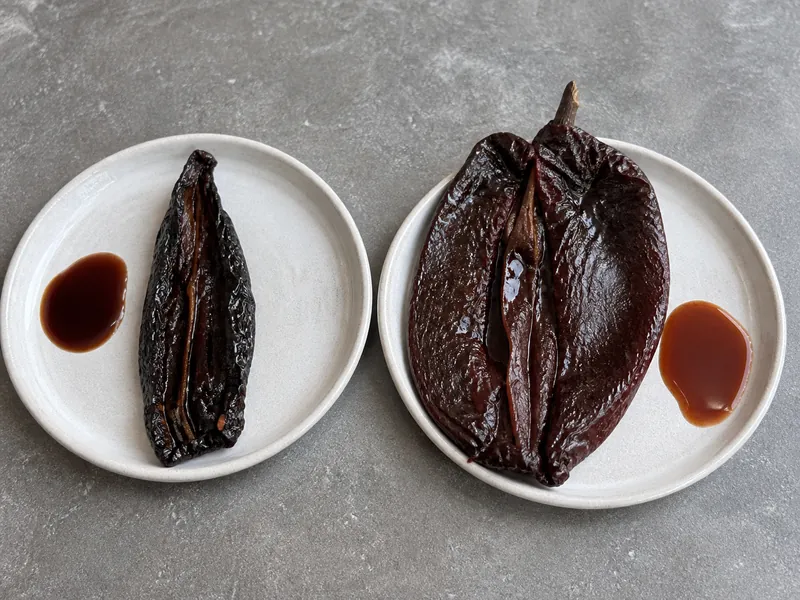 Rehydrated narrow chipotle beside a broad fleshy ancho on separate plates