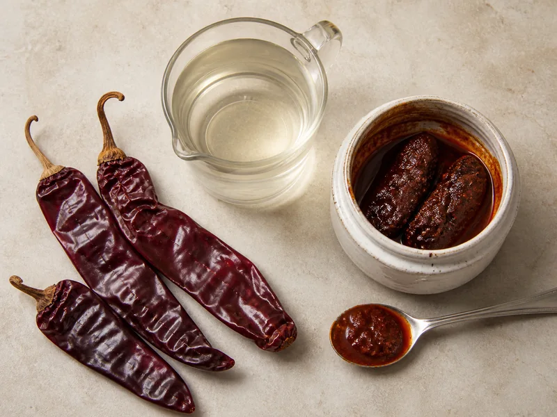 Whole dried guajillo chiles beside chipotle peppers coated in adobo sauce