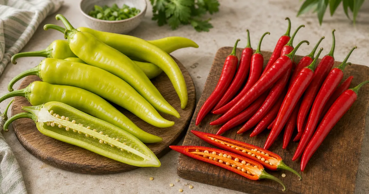 Cowhorn Pepper and Cayenne Pepper shown side by side for comparison