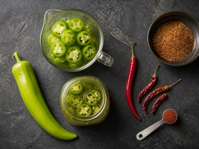Cowhorn pepper rings measured for pickling beside a whole cayenne, dried cayenne pods, and measured powder