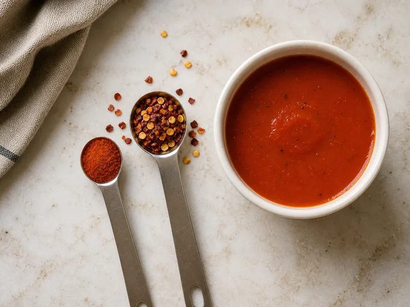 Small measured amounts of cayenne powder and crushed red pepper beside a bowl of sauce
