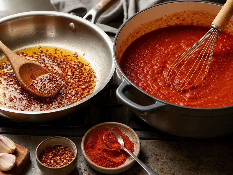 Crushed red pepper blooming in oil beside cayenne powder whisked into a smooth tomato sauce