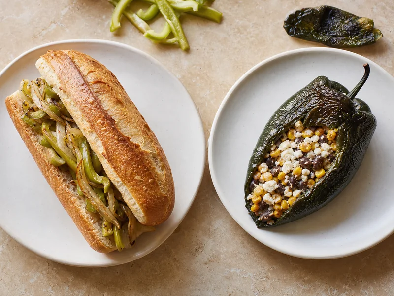 Fried Cubanelle and onion sandwich beside a roasted poblano filled with beans, corn, and cheese