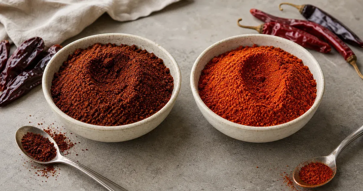 Two bowls comparing dark brick-brown chili powder with brighter red-orange light chili powder