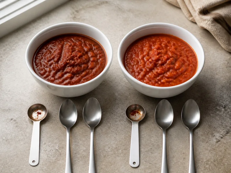 Equal measures of two chili powder blends stirred into separate bowls of bean sauce