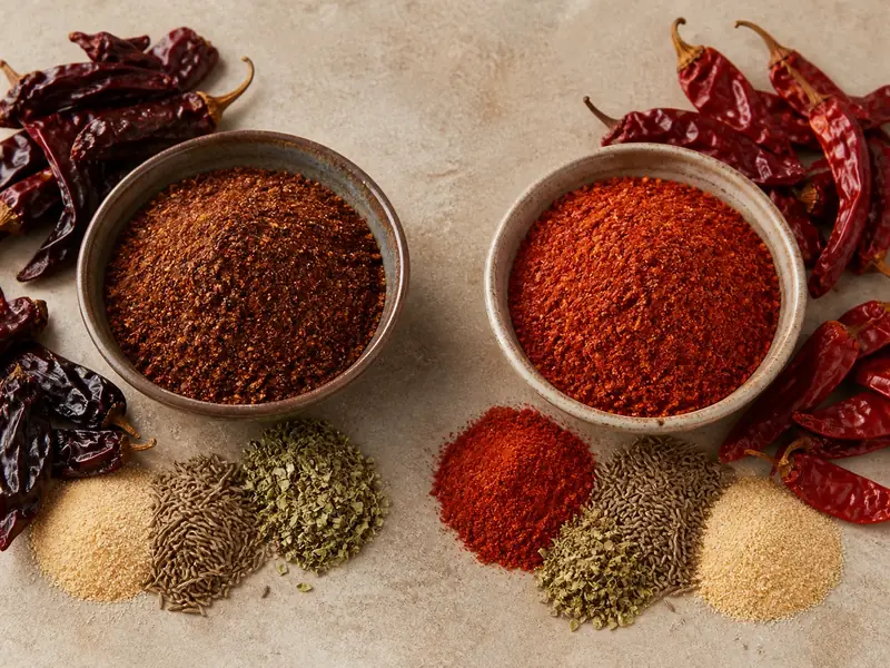 Dark and light chili powder blends beside different proportions of dried chiles and spices
