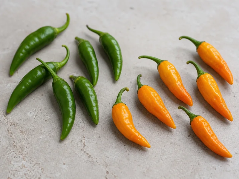 Green and ripe orange Datil peppers showing the color change at maturity