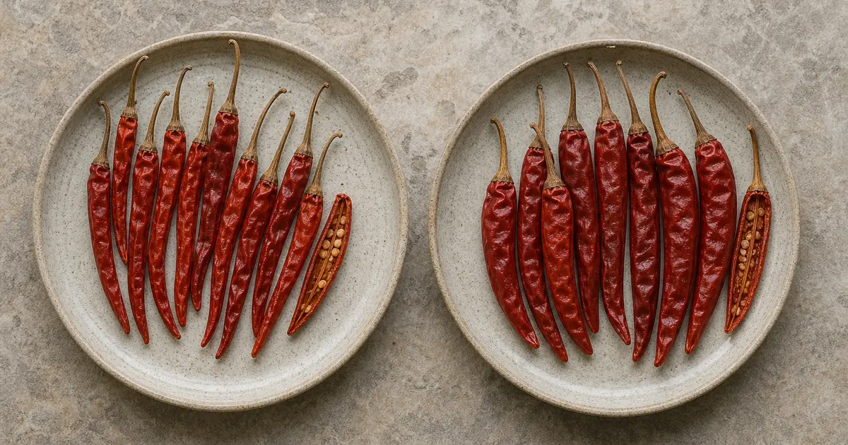 Dried chile de arbol and japones pods showing subtle differences in width and wall thickness