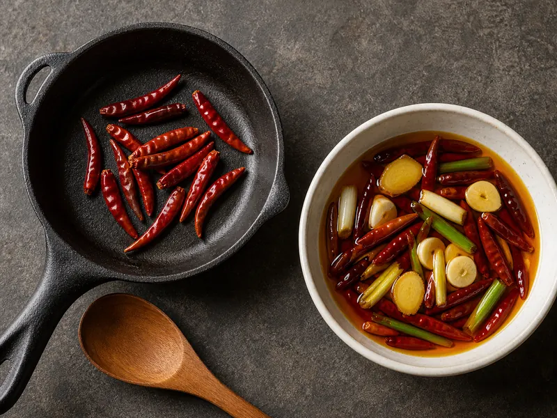 Chile de arbol dry-toasting beside japones chiles infusing oil with garlic, ginger, and scallion