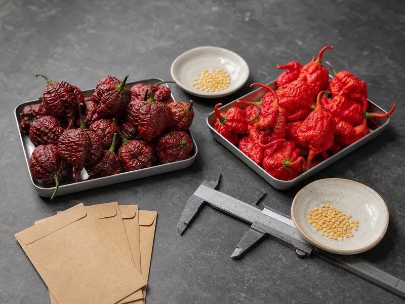 Two trays of wrinkled superhot peppers with seeds, envelopes, and a caliper