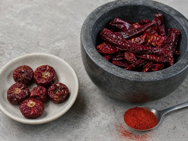 Round dried Dundicut peppers beside long dried Kashmiri chillies prepared for grinding