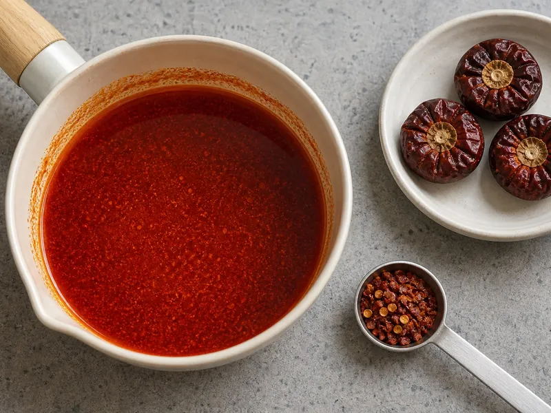 Kashmiri chilli powder blooming red in oil beside a small dish of whole round Dundicut peppers