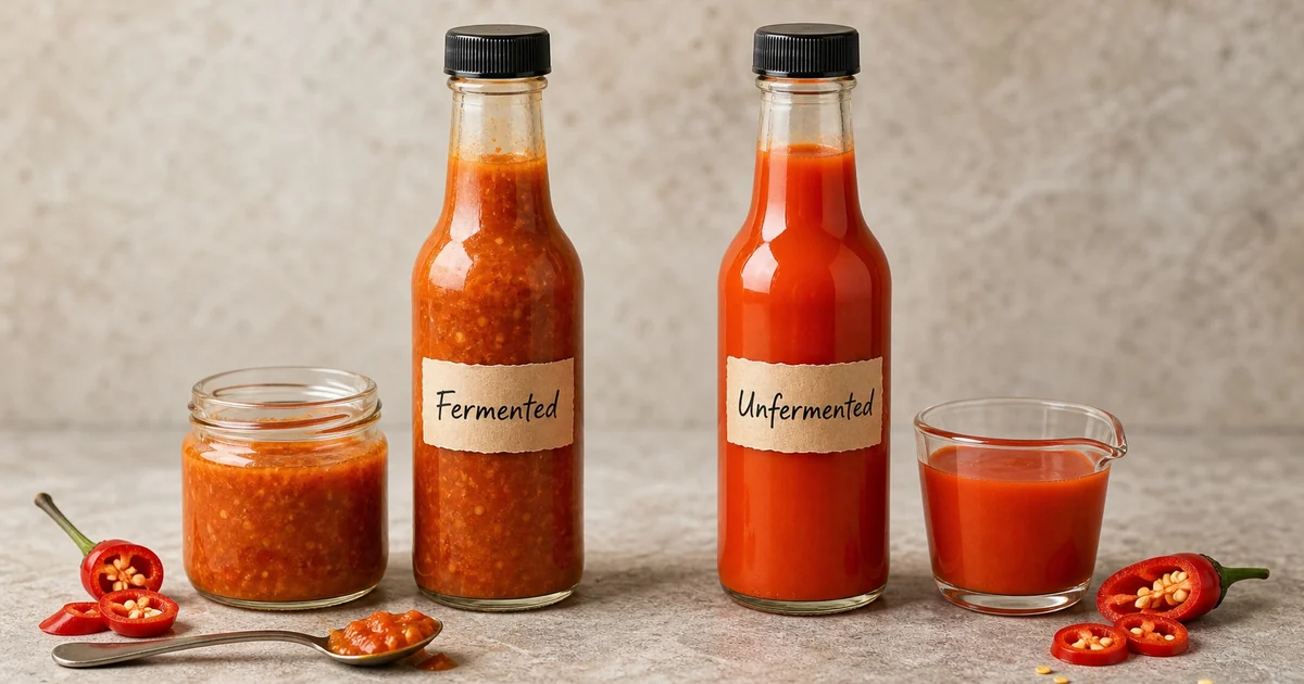 Fermented and unfermented hot sauce bottles shown side by side