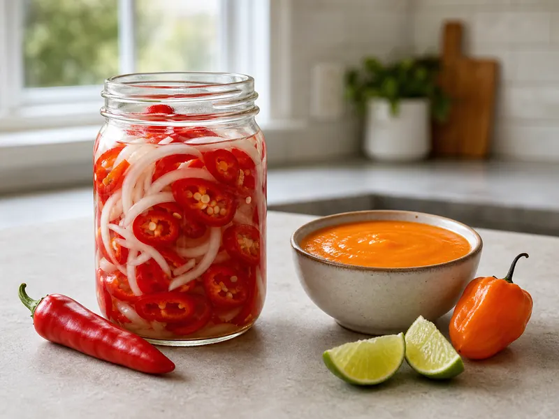 Quick-pickled Fresno rings beside a bowl of orange habanero fruit sauce