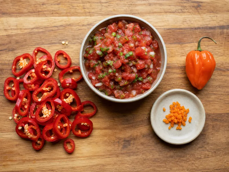 Fresno pepper rings beside salsa and a much smaller portion of minced habanero