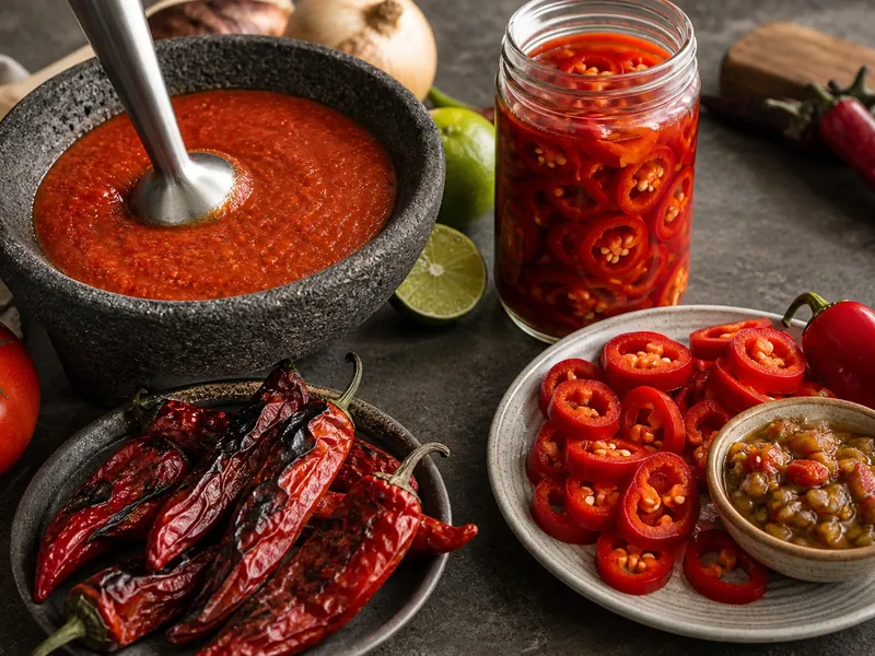 Smooth Fresno salsa beside pickled red jalapeno rings