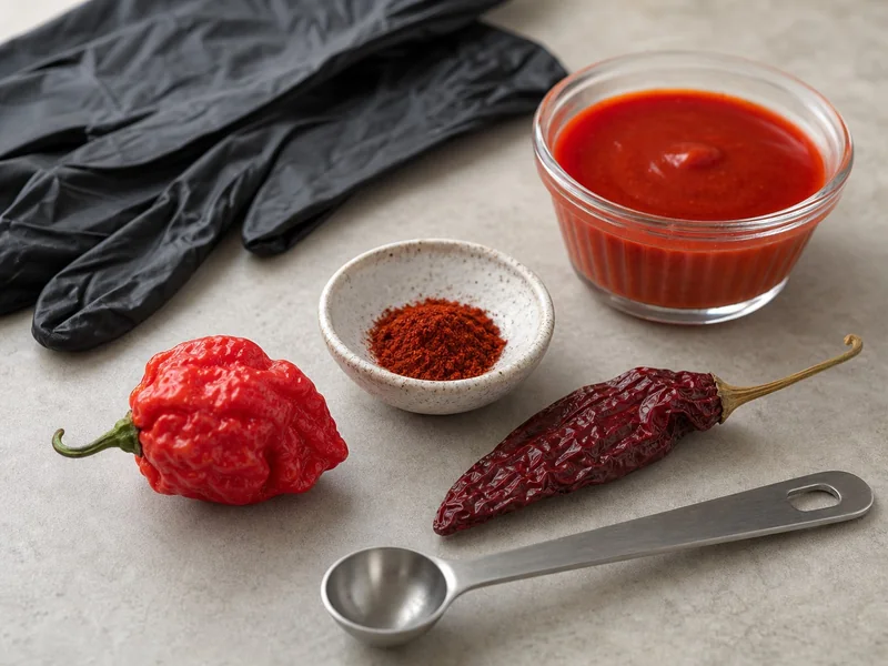 Fresh and dried superhot chile forms arranged for measured cooking