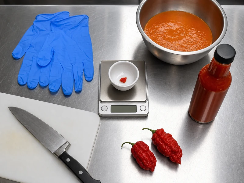 Nitrile gloves, a gram scale, dilution base, and bottled sauce for controlled superhot preparation