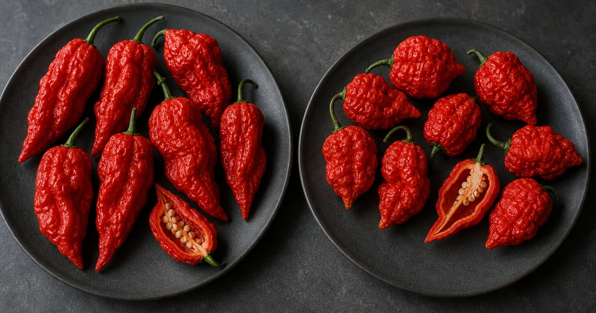Elongated Ghost Peppers beside shorter, bumpier Naga Viper peppers