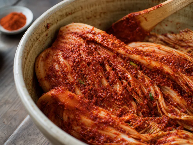 Gochugaru paste coating napa cabbage with cayenne measured separately