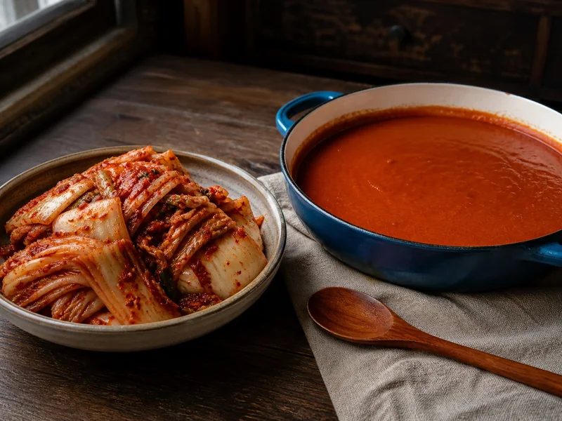 Textured napa cabbage kimchi beside a smooth paprika-based red sauce