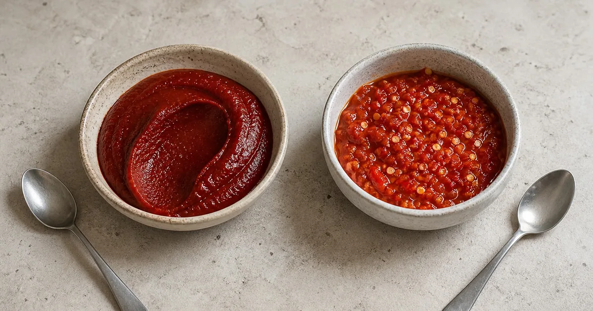 Thick smooth gochujang beside coarse seeded sambal oelek