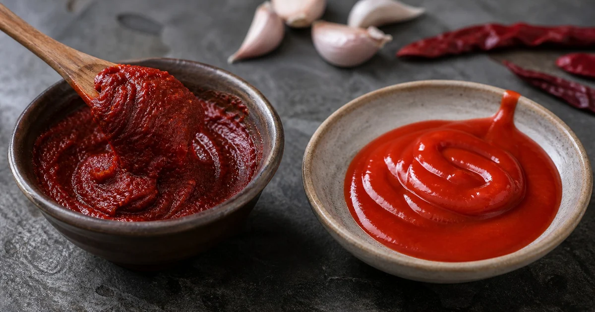 Dense gochujang beside smooth sriracha on a stone surface